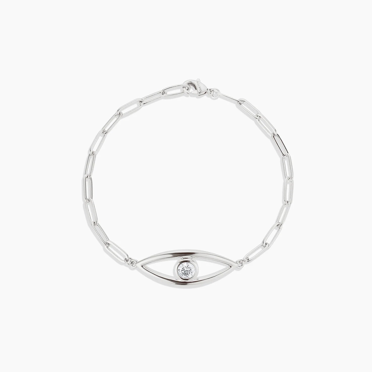 a silver bracelet with an eye charm on a white background