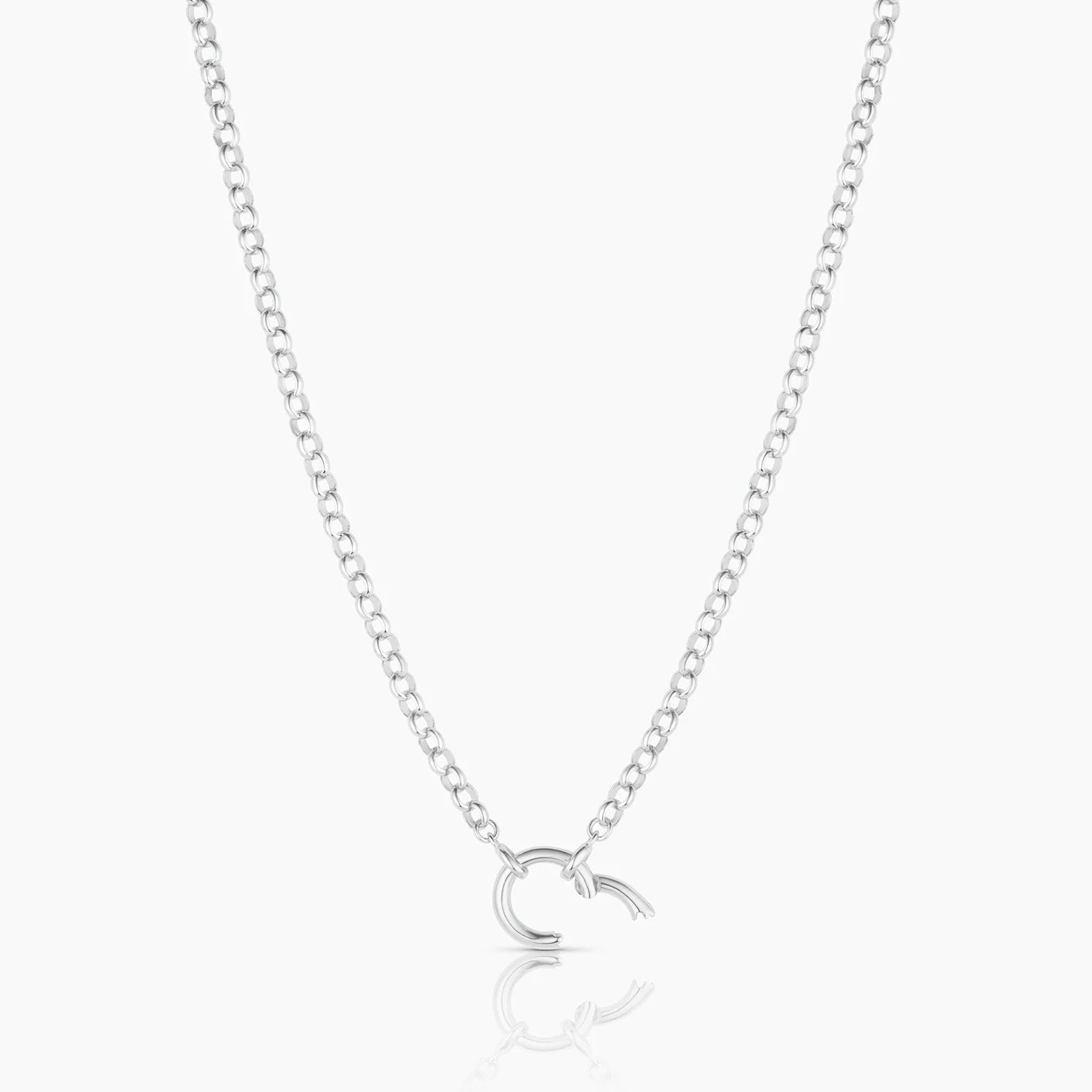 Silver necklace with a hinge clasp pendant on a white background