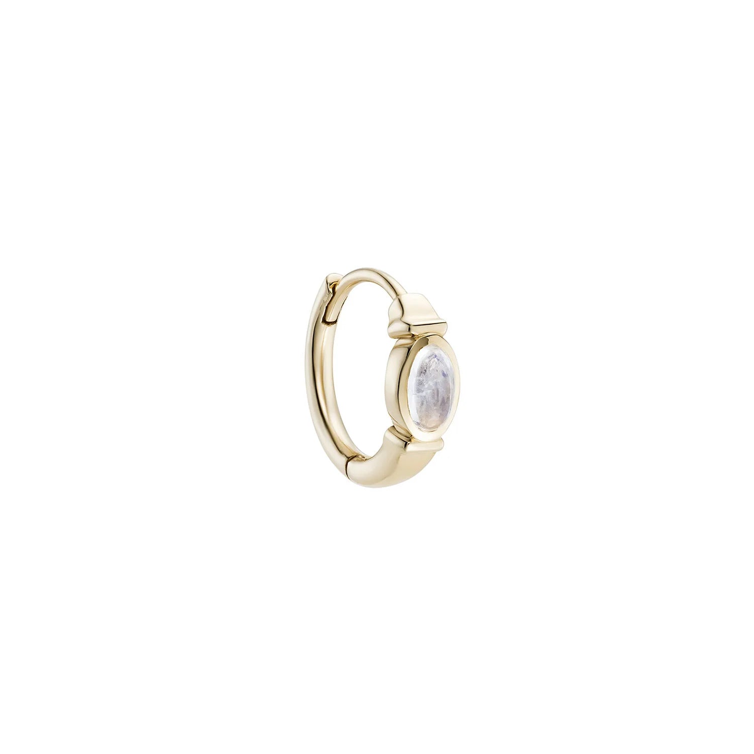 a gold hoop earring with a latch back closure and a moonstone rondelle over a white background