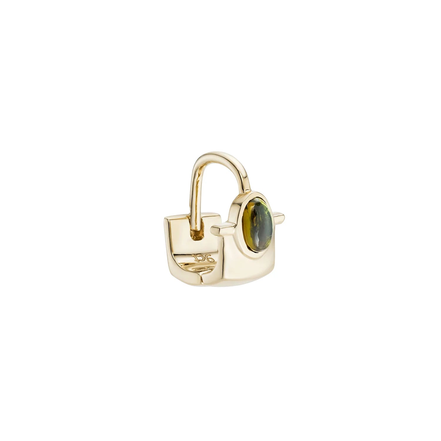 a gold huggie hoop earring with a latch back closure and a green tourmaline rondelle over a white background
