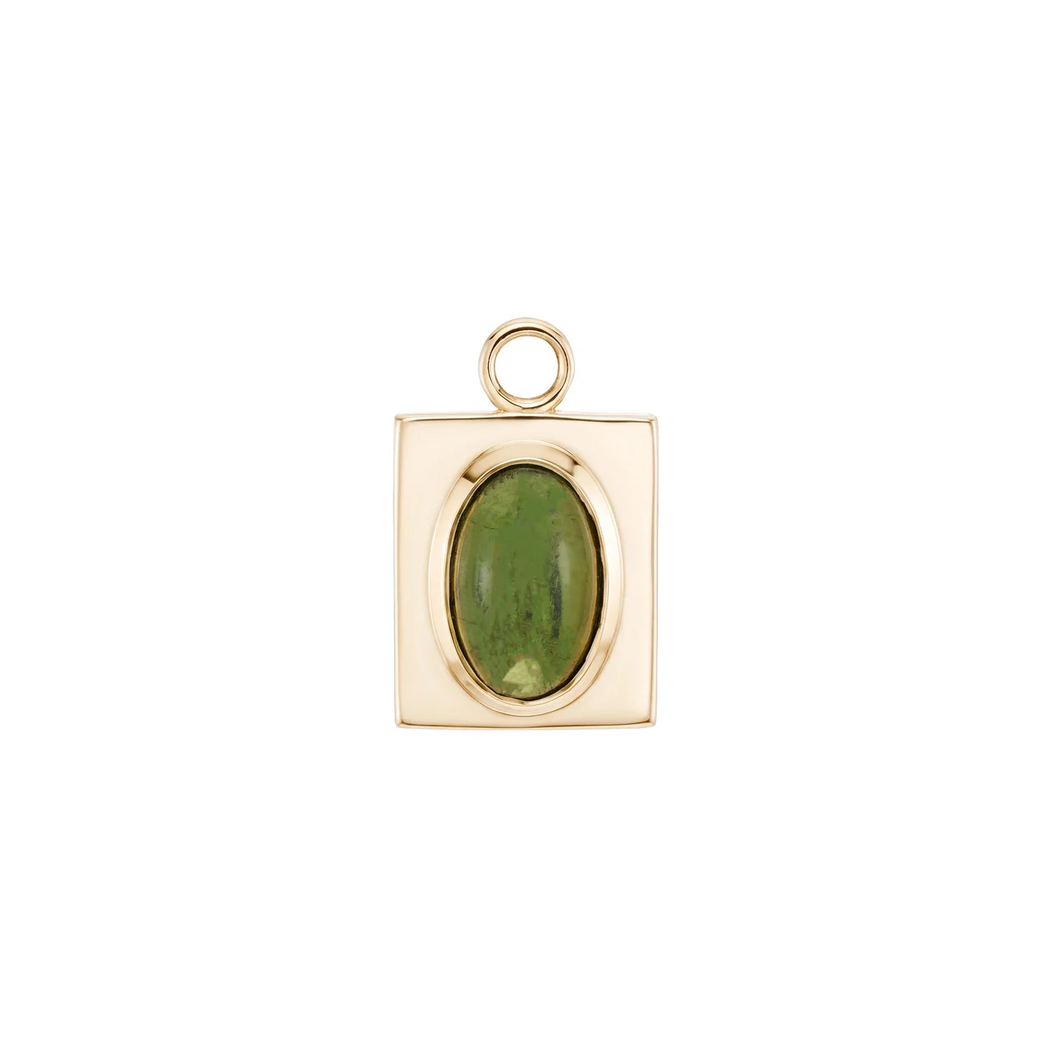 a rectangular gold charm with a large green tourmaline rondelle and a gold jumpring over a white background