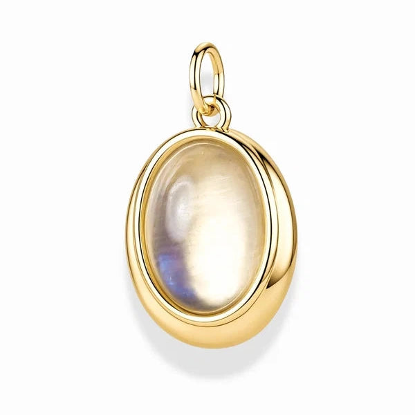 A polished gold oval pendant featuring a smooth, iridescent cream-colored center stone with subtle blue and purple reflections, set against a clean white background.