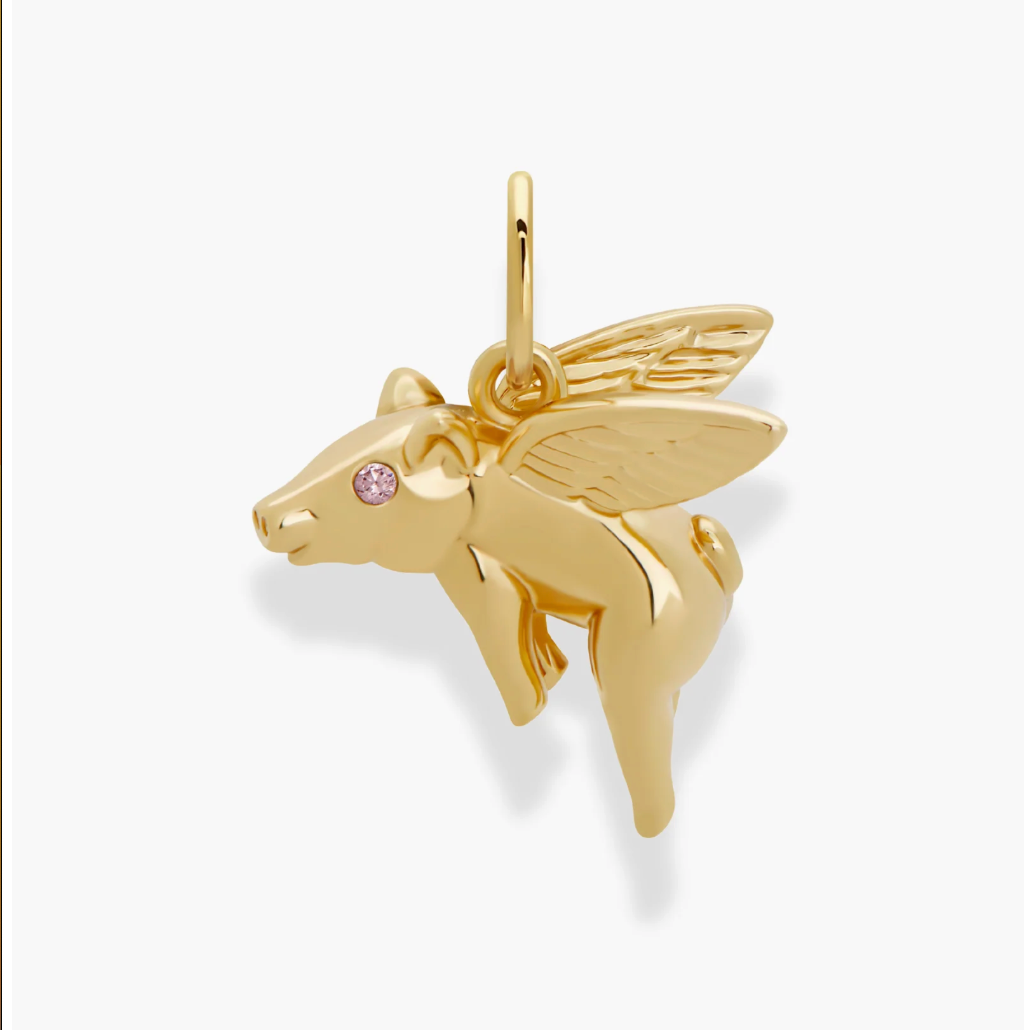 14k gold plated flying pig charm with pink cz eyes