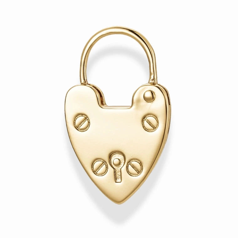 Gold heart-shaped padlock charm on a white background