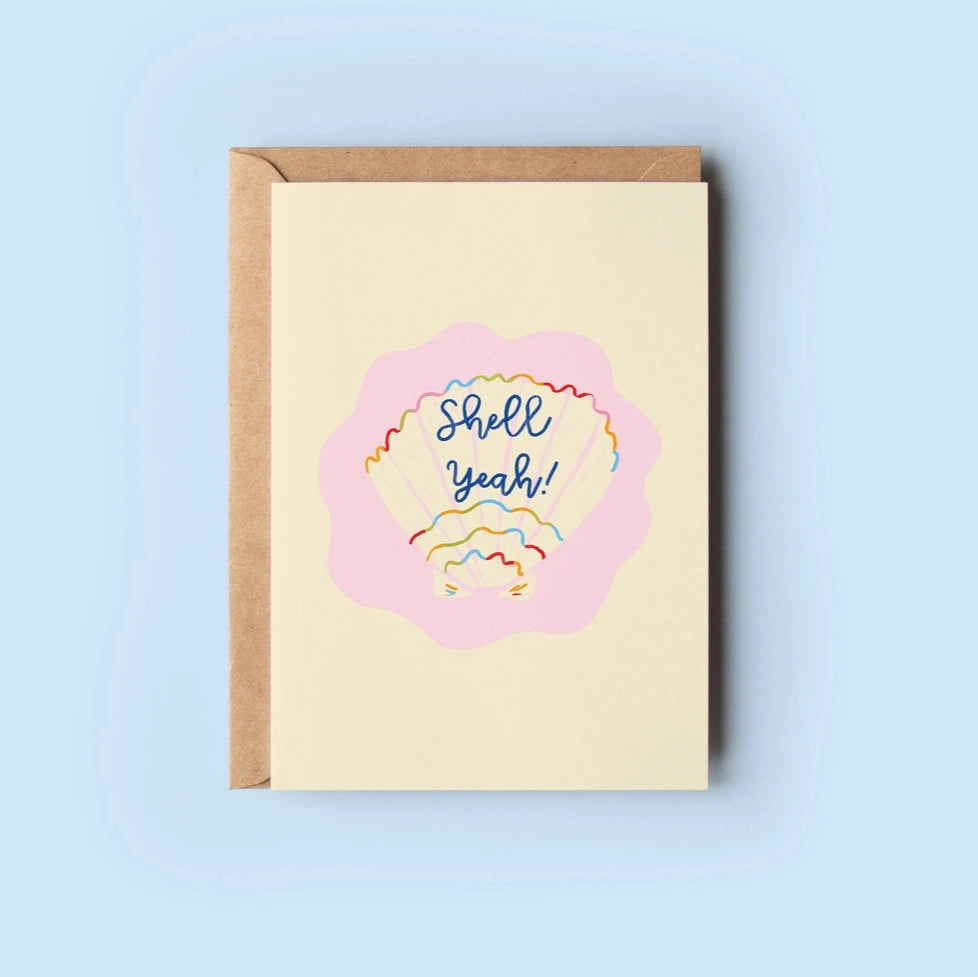 Greeting card with 'Shell Yeah!' text on a light blue background
