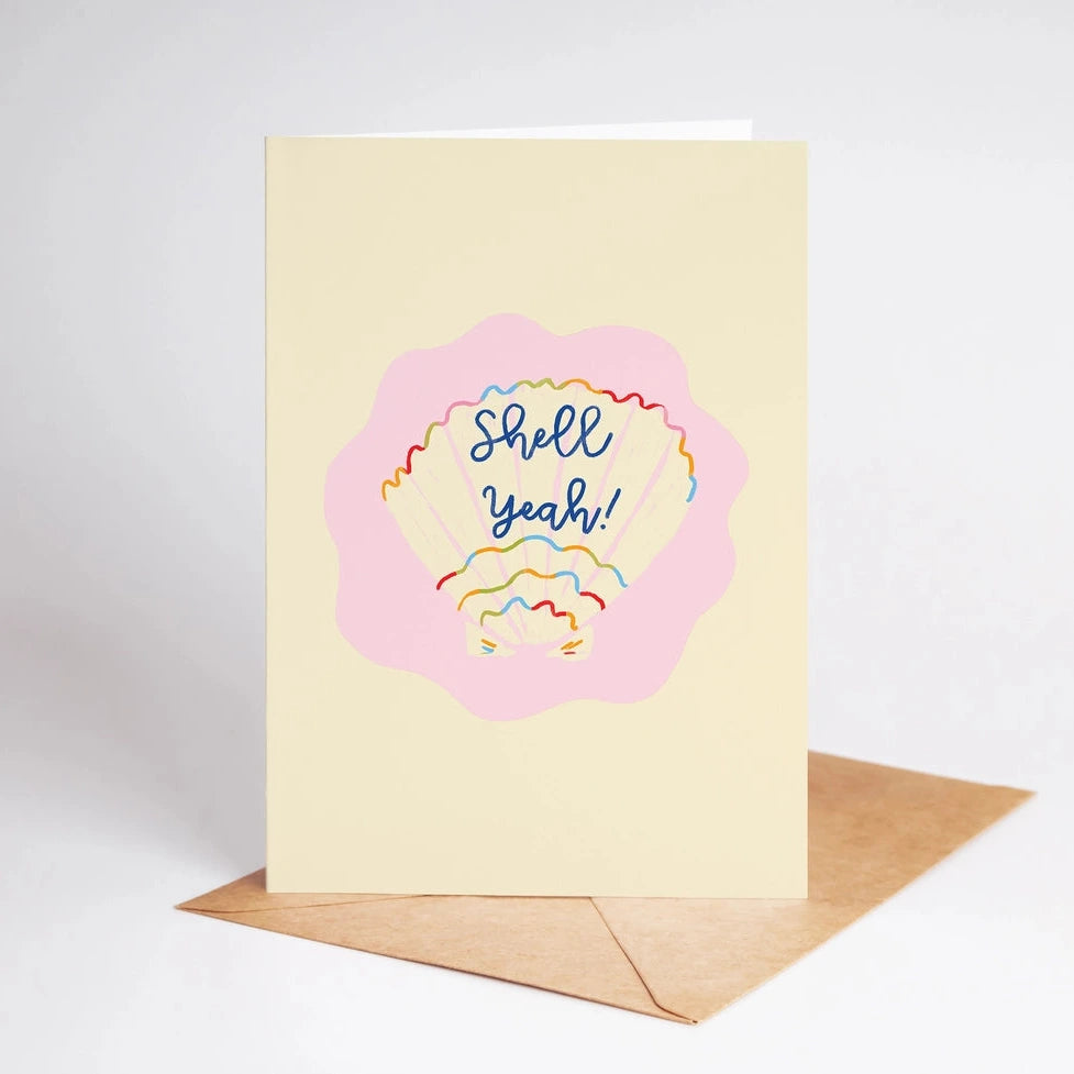 Greeting card with 'Shell Yeah!' text on a white background