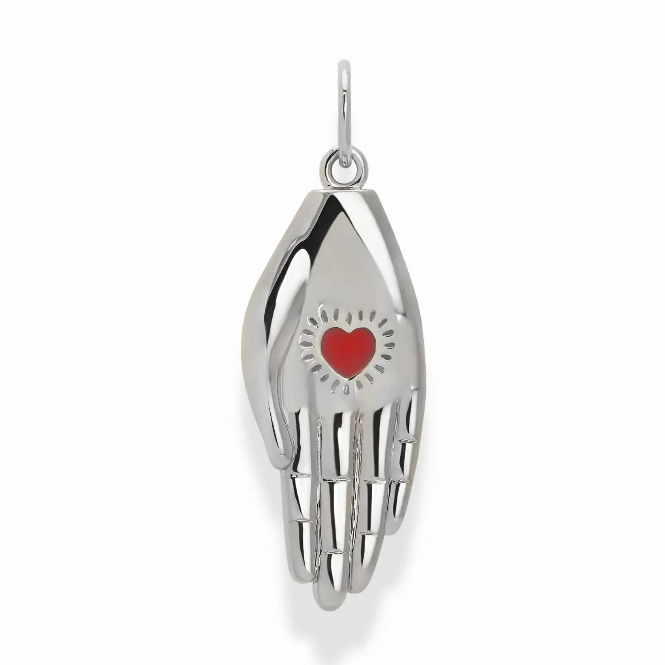 silver heart charm with a red enameled heart over a white background