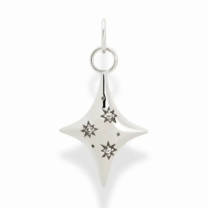 Silver star-shaped pendant with cut-out star designs on a white background