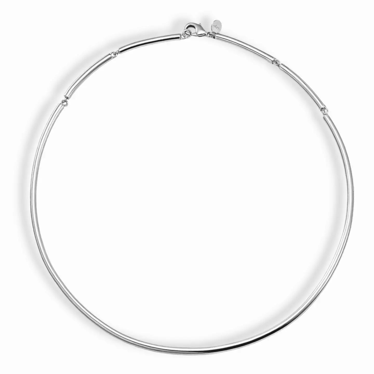 a silver necklace on a white background