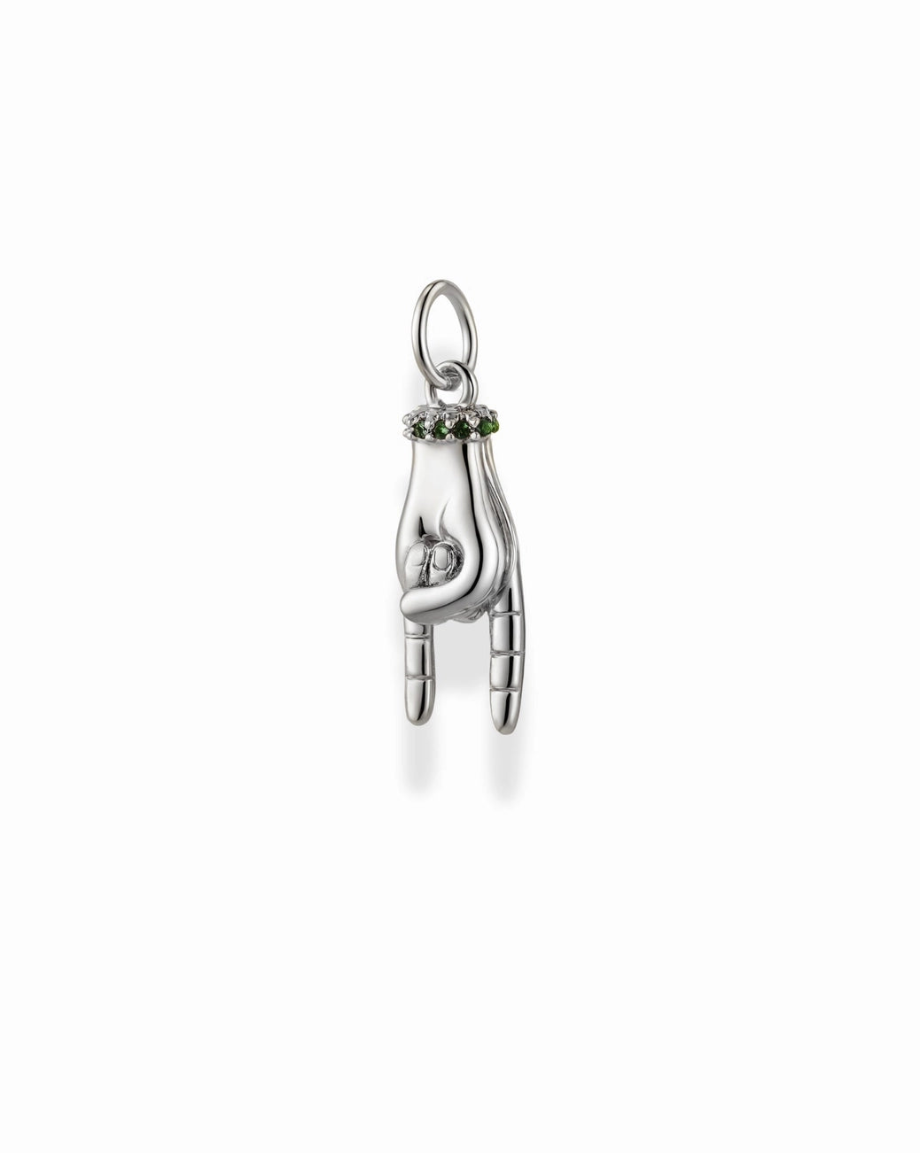Silver pendant with a green gemstone on a white background