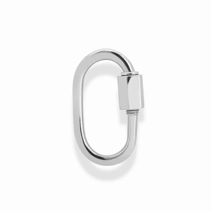 silver carabiner charm with screw closure with a white background