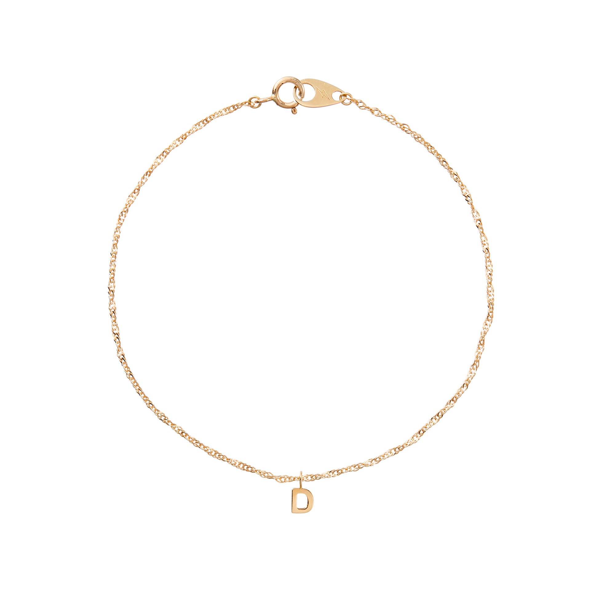 Gold bracelet with a small letter 'D' charm on a white background