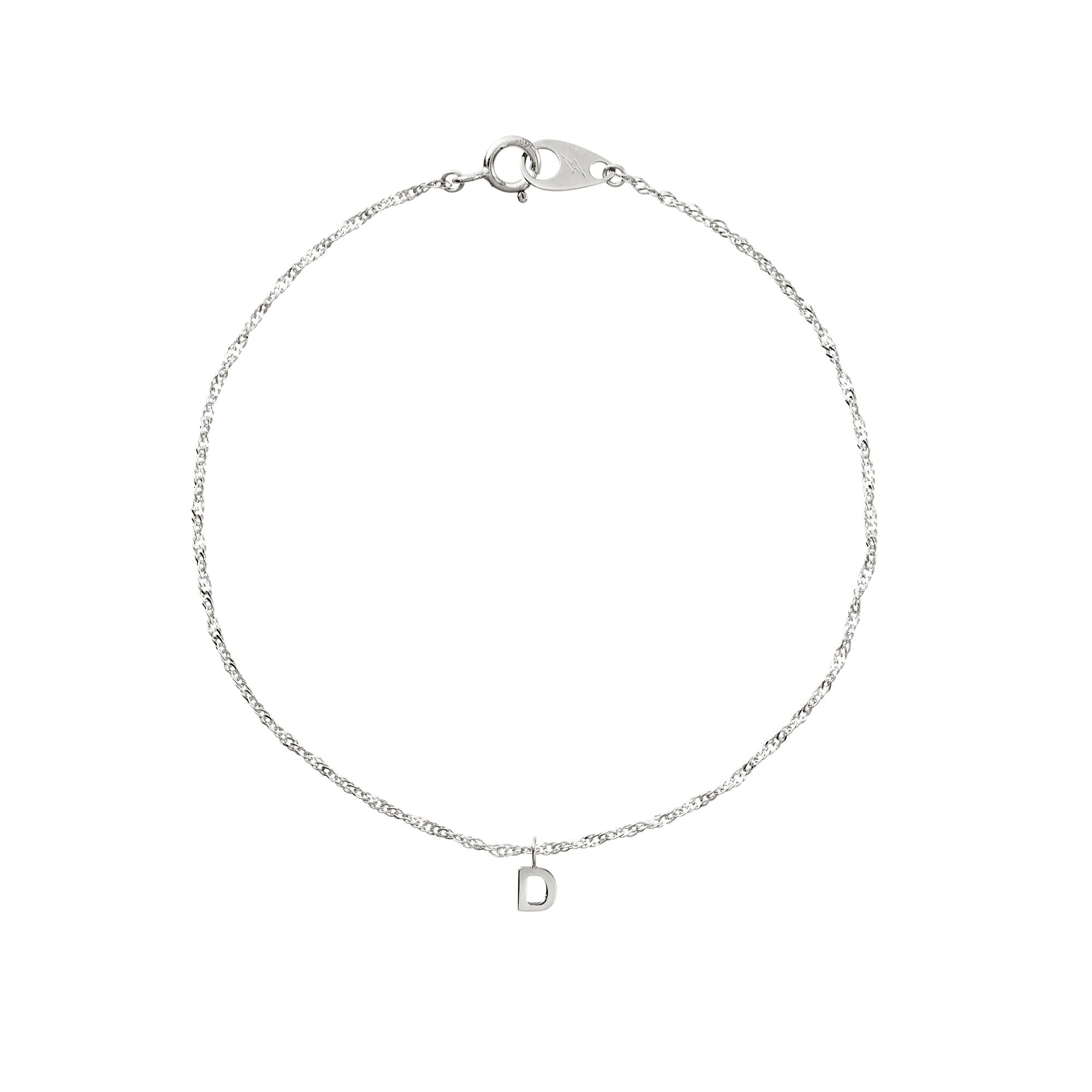 Silver bracelet with a small letter 'D' charm on a white background