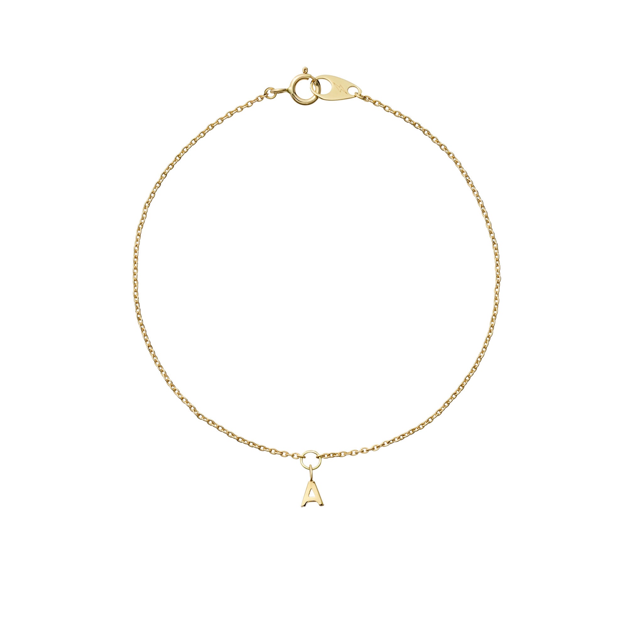 14k yellow gold mini cable bracelet with an initial charm on white background