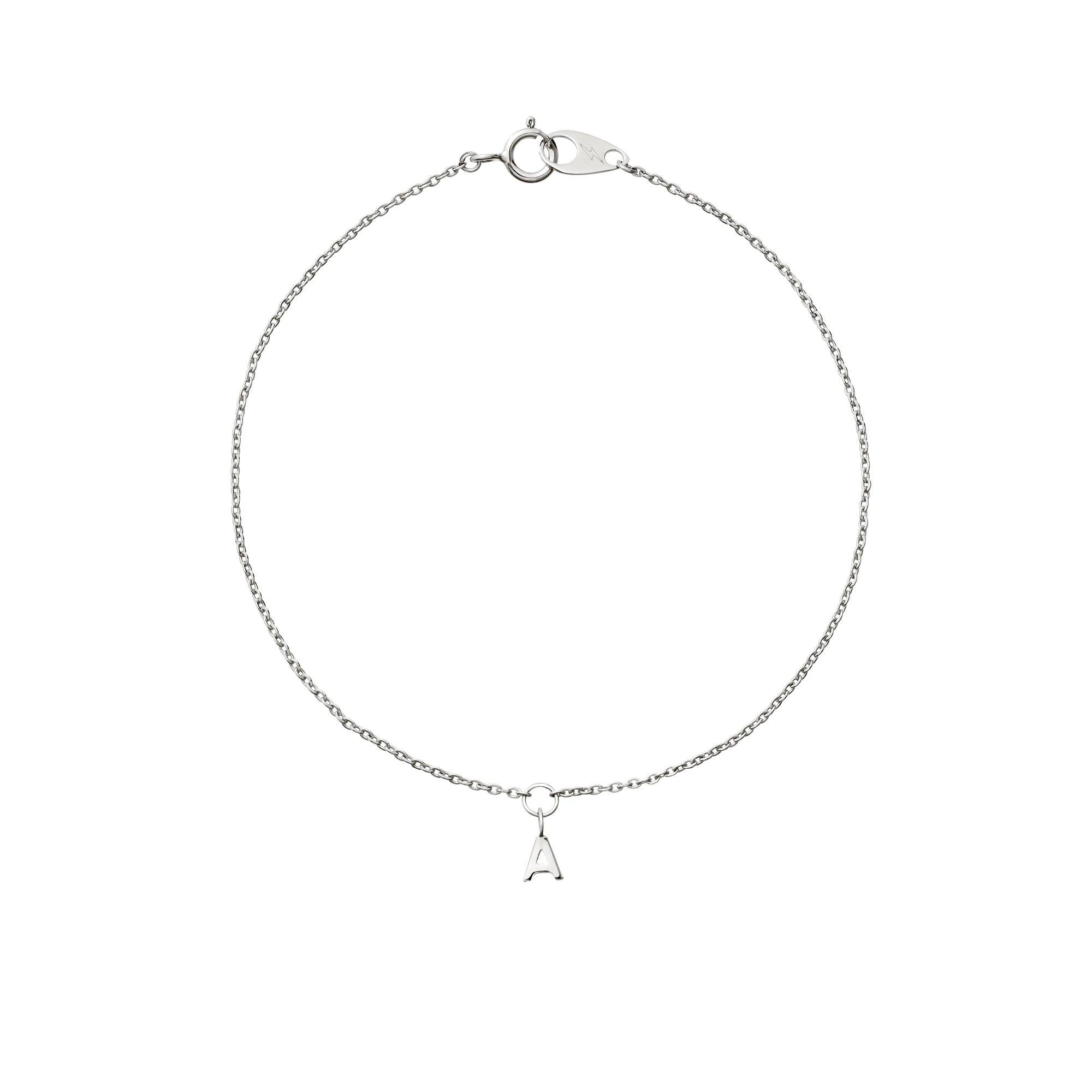 14k white gold mini cable bracelet with an initial charm on white background