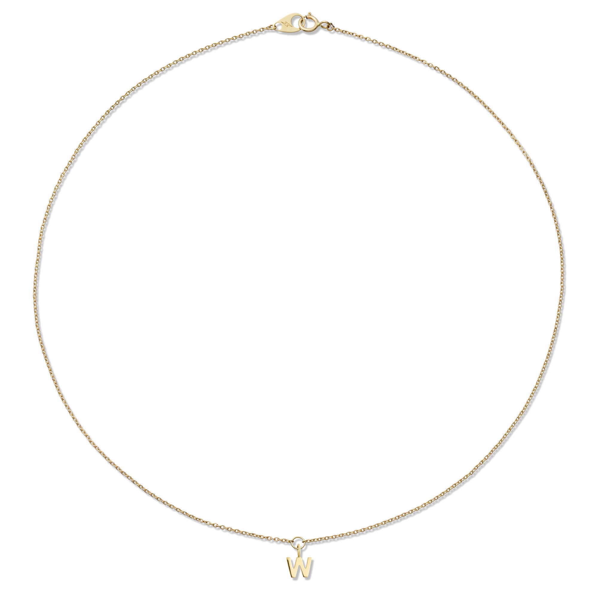 Gold necklace with a 'W' pendant on a white background