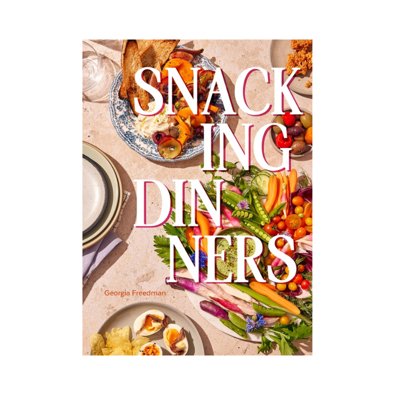 a book cover with a photograph of a crudite spread and text reading snacking dinners on a white background