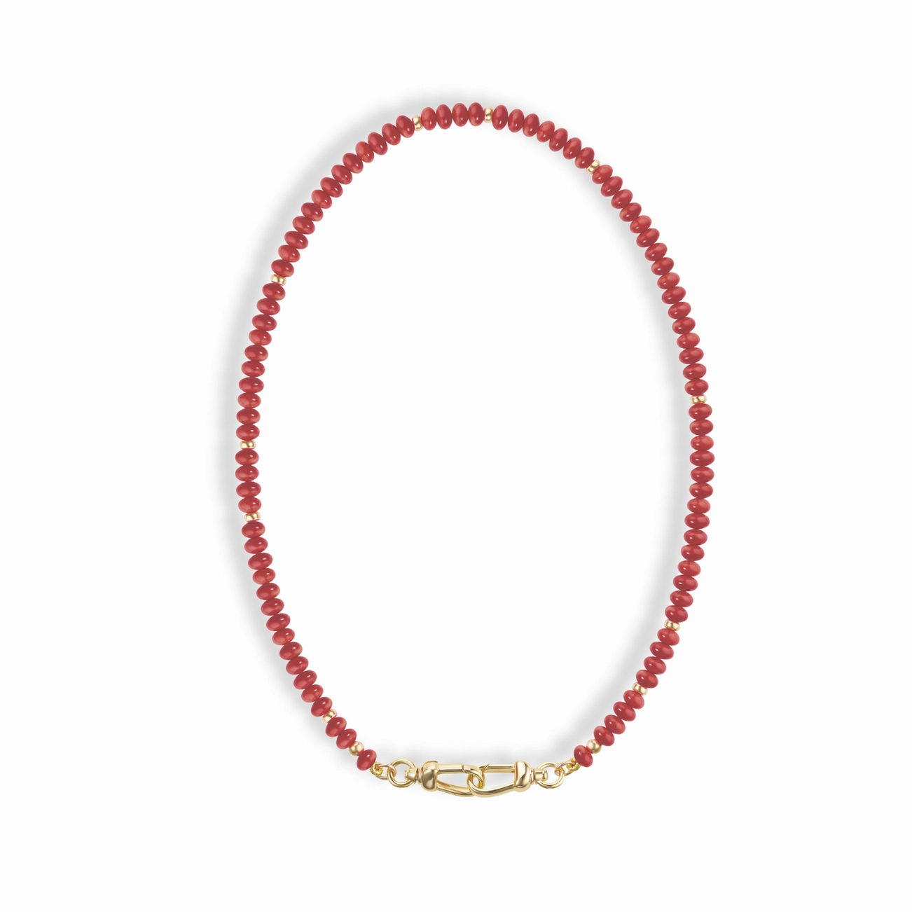 Necklace with red beads and gold clasp on a white background