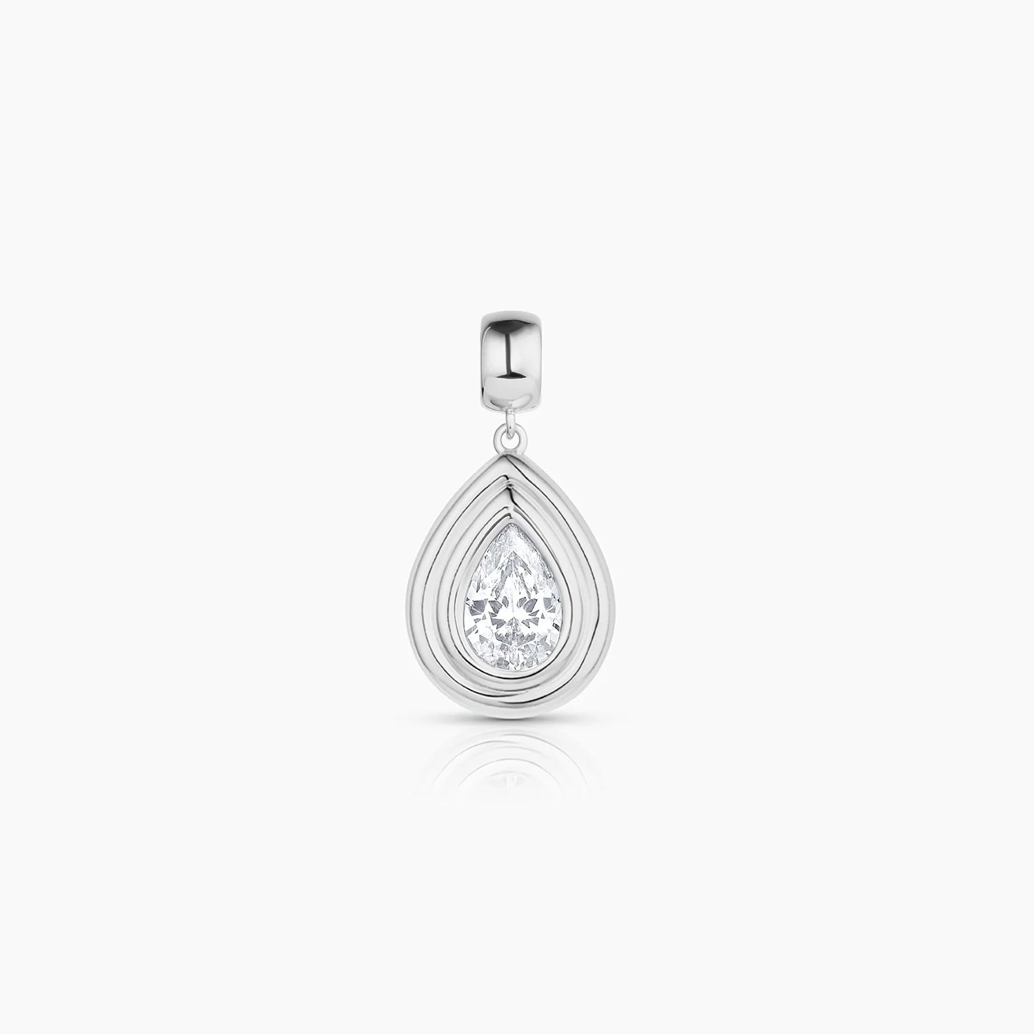 a silver teardrop charm with ridged edges and a inlay white cubic zirconia over a white background
