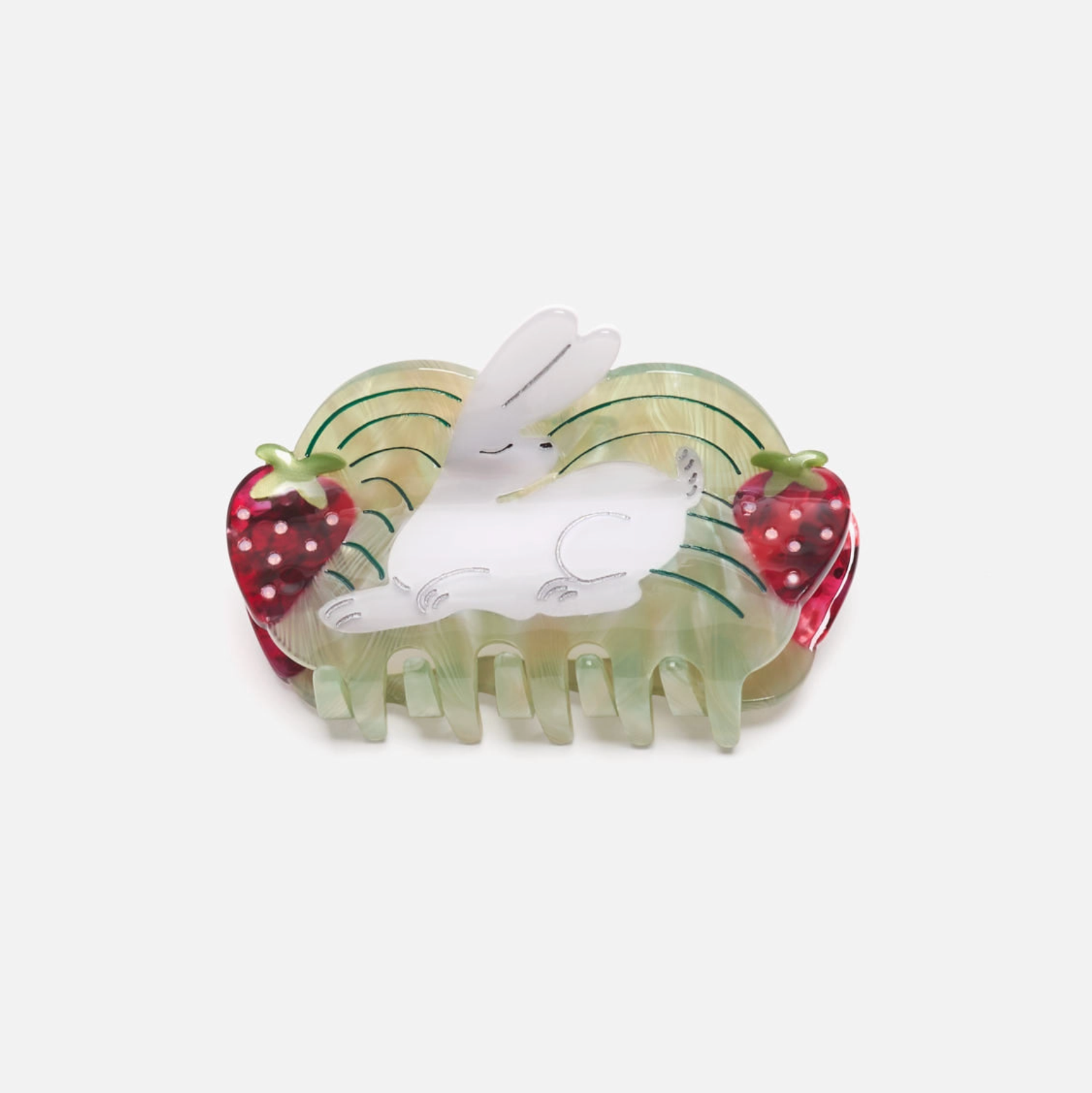 Hair clip with a rabbit and strawberry design on a white background