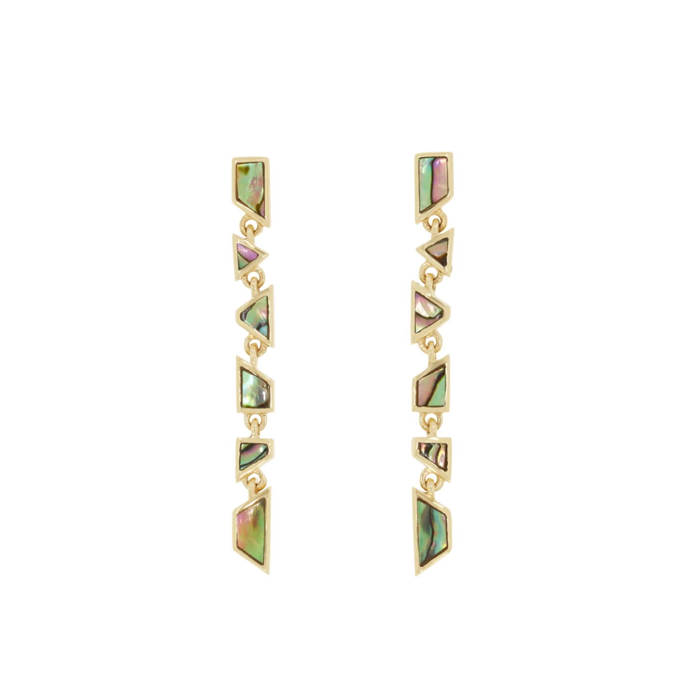 Geometric Gold earrings with Abalone Pearl on a white background