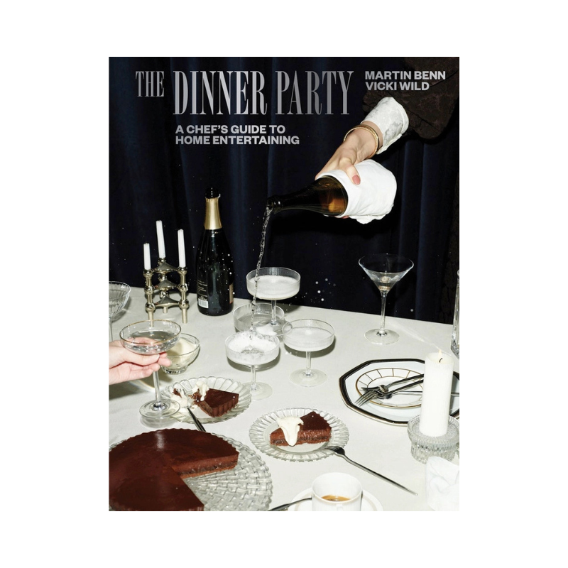 Book cover of 'The Dinner Party' with a chef pouring wine at a table setting.