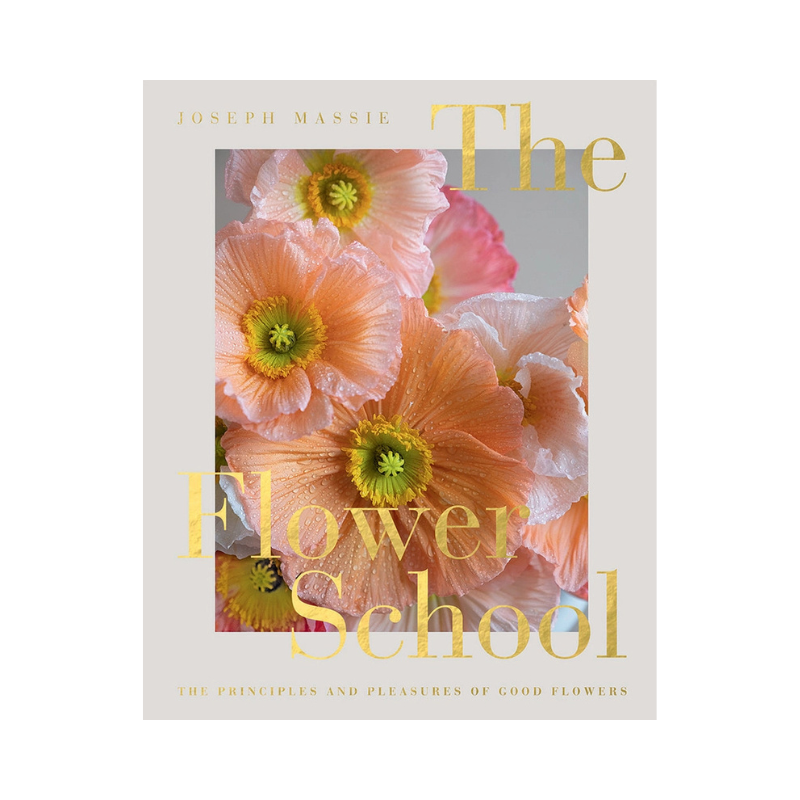 Book cover of 'The Flower School' with pink flowers and gold text on a white background