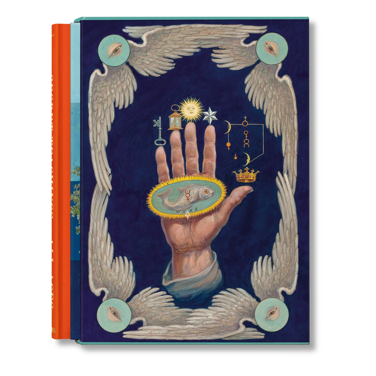 the book cover and dust jacket for the secret teachings of all ages featuring the occult inspired design of a hand over a blue background