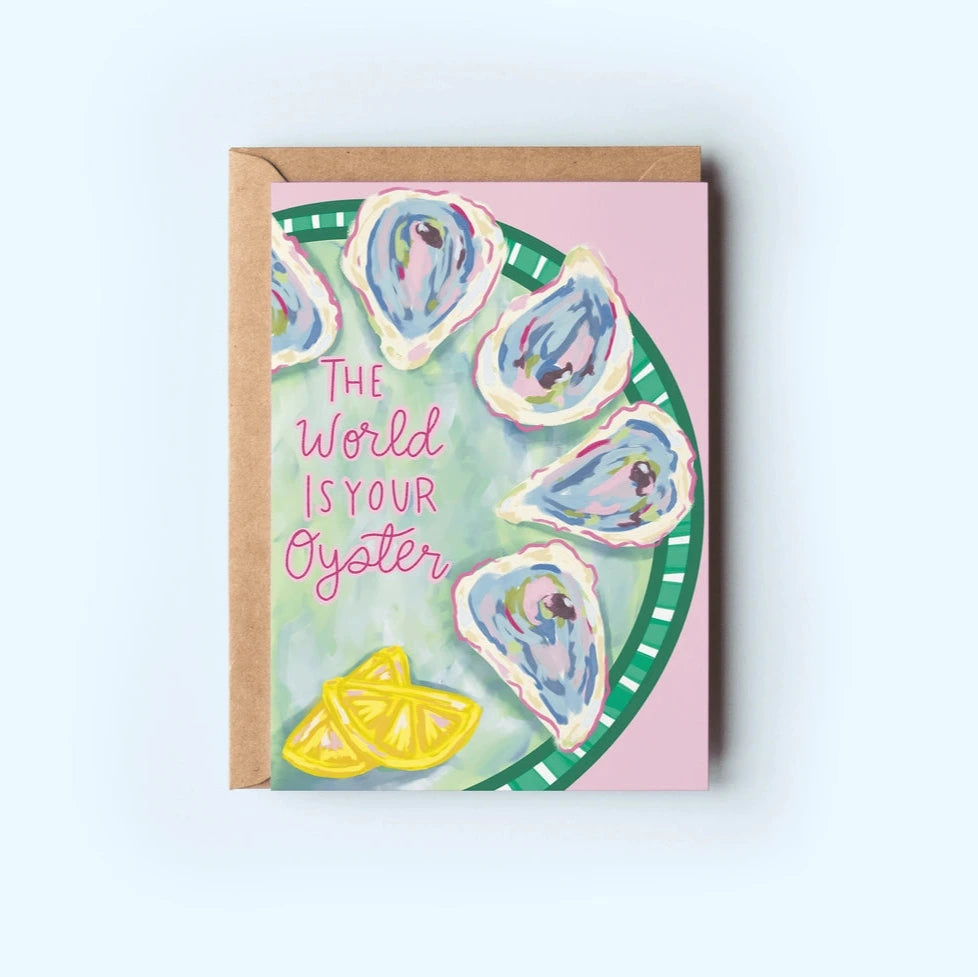 Greeting card with oyster design and 'The World is Your Oyster' text on a white background