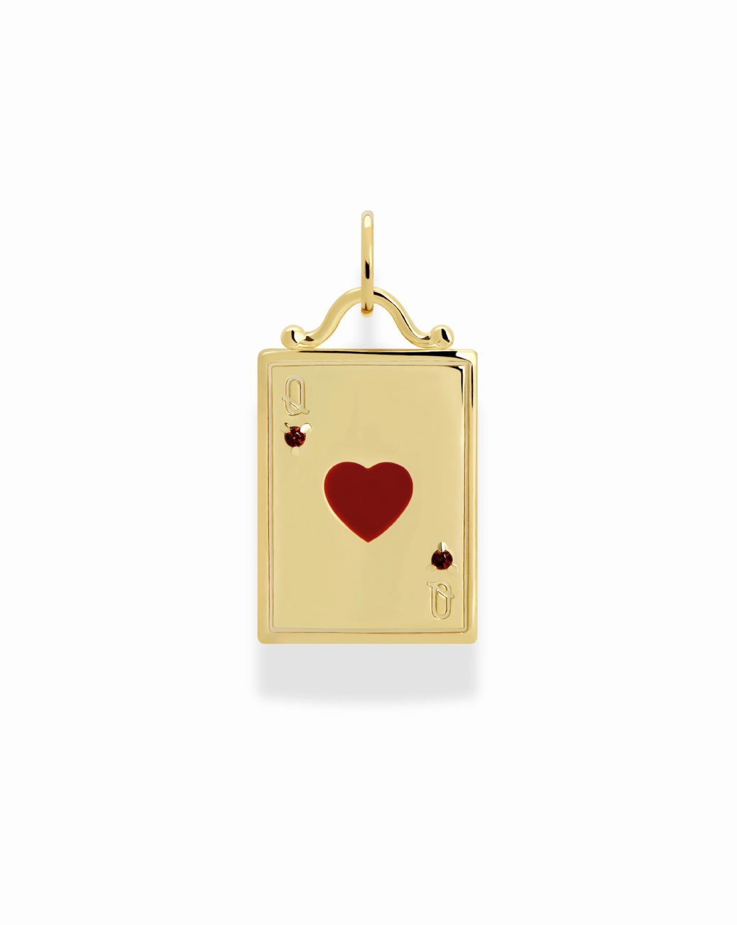 Gold pendant with a red heart design on a white background