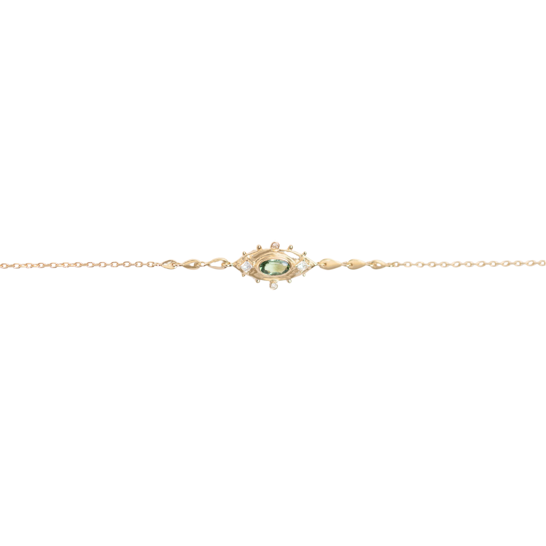 14K solid yellow gold Anja eye bracelet with diamonds and pink tourmaline — symbolic of divine wisdom in Hinduism, adjustable 17 cm length with links at 15 cm and 16 cm, perfect for layering with other bracelets.