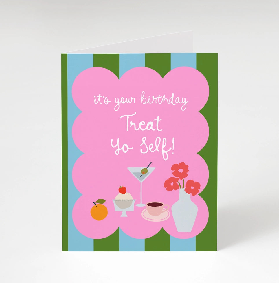 Birthday card with pink text and illustrations on a striped background