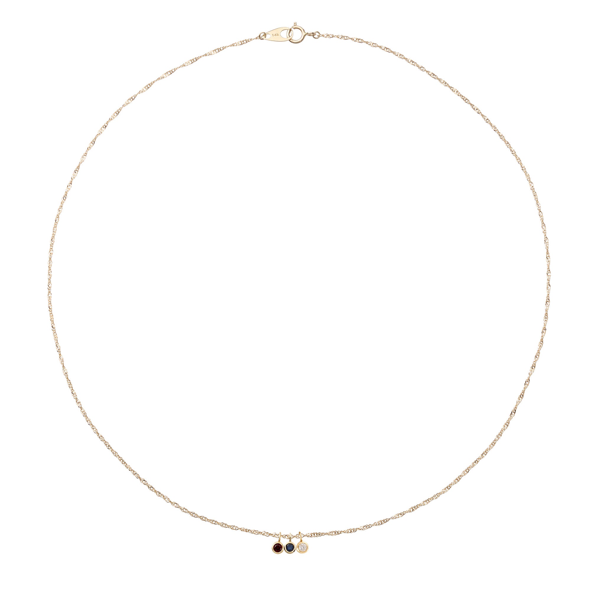 Gold necklace with small pendants on a white background