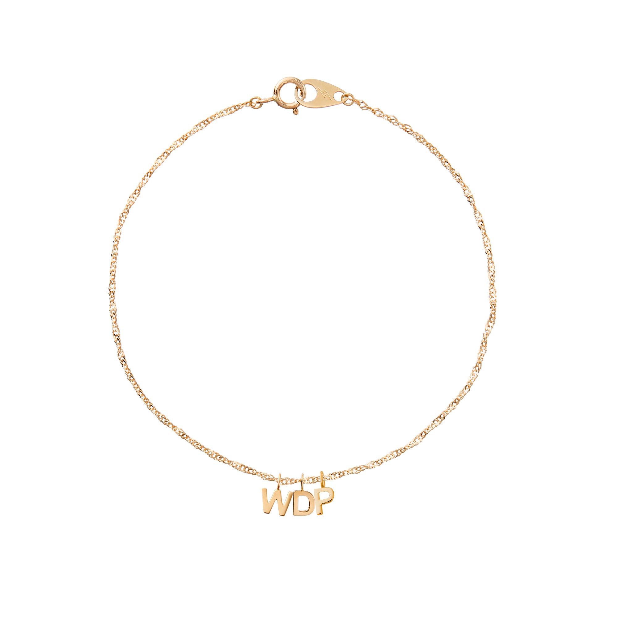 Gold bracelet with 'WDP' charms on a white background