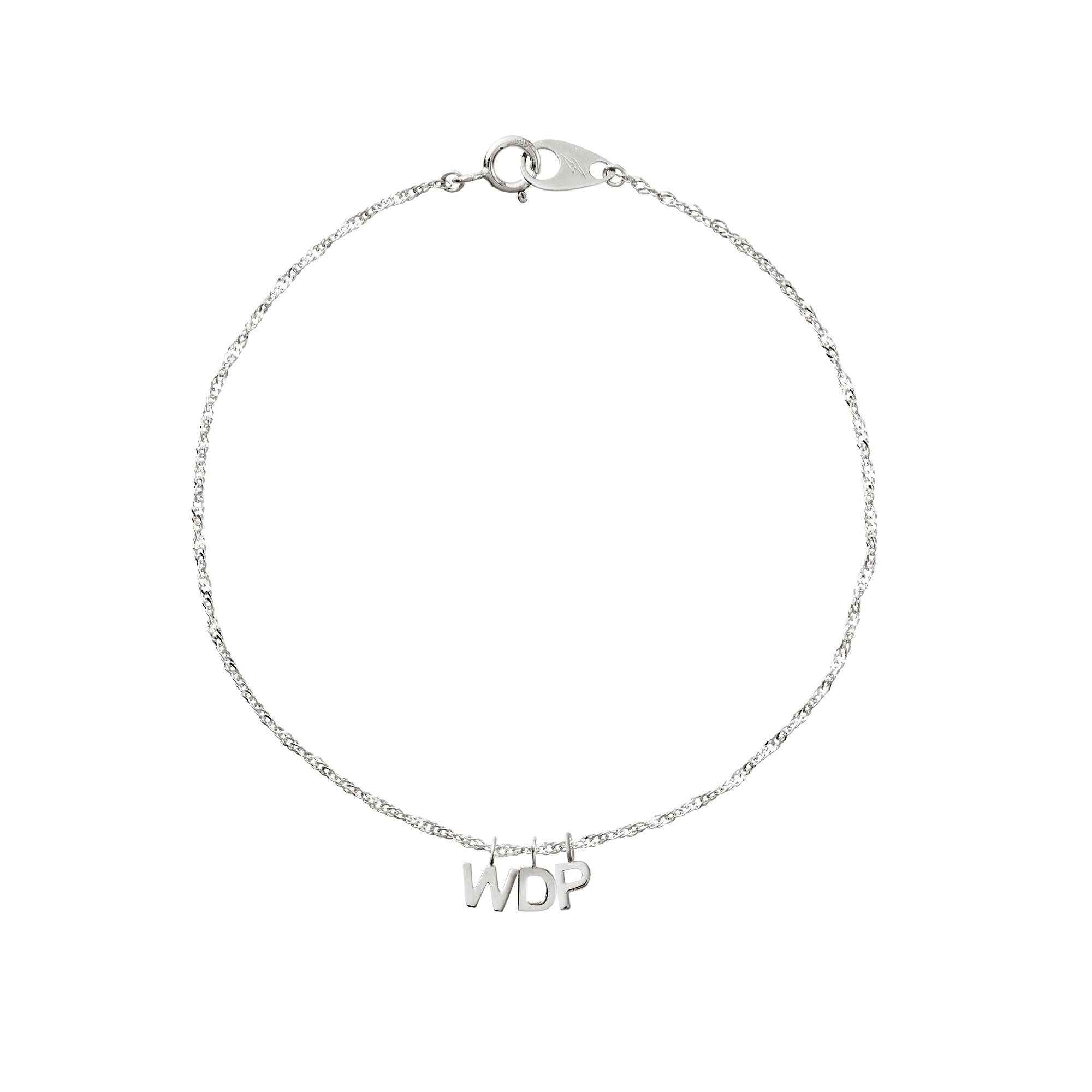 Silver bracelet with 'WDP' initials on a white background