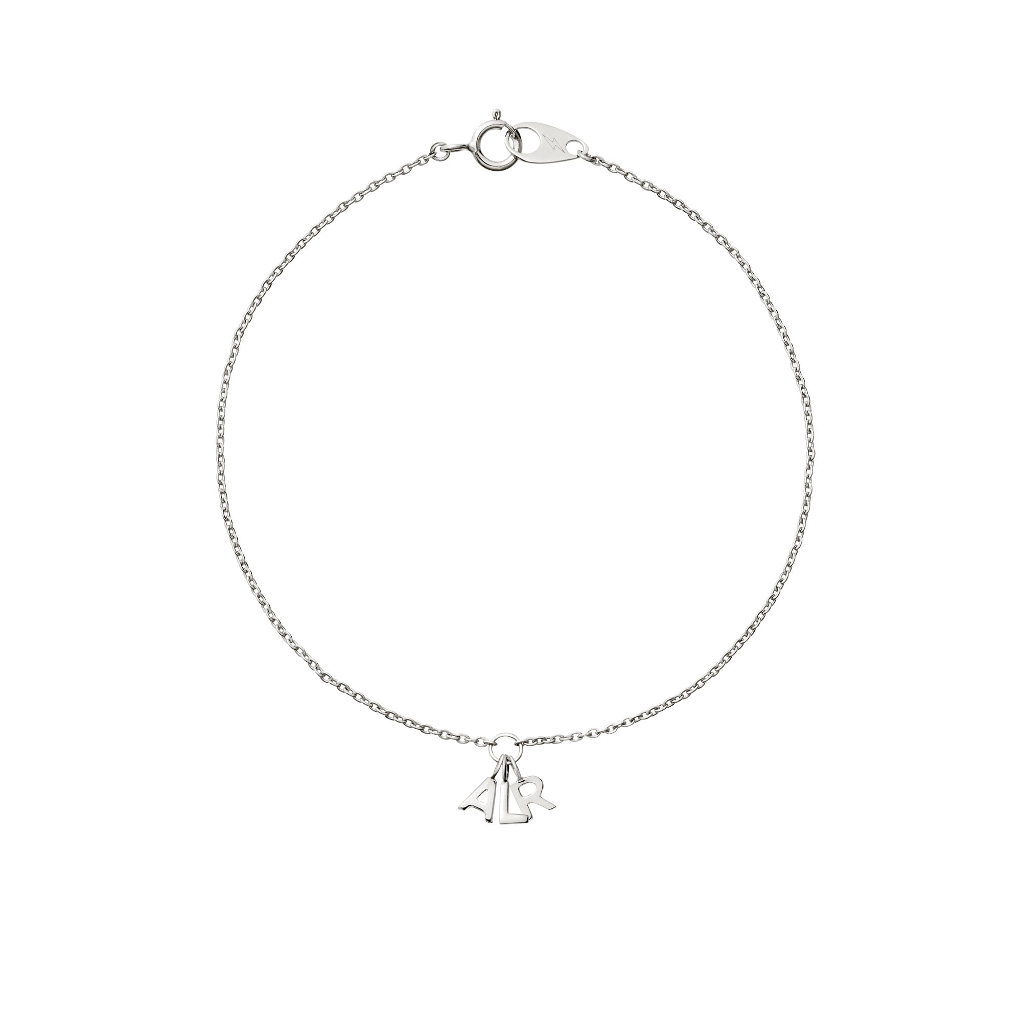 14k white gold mini cable bracelet with three initial charms on white background