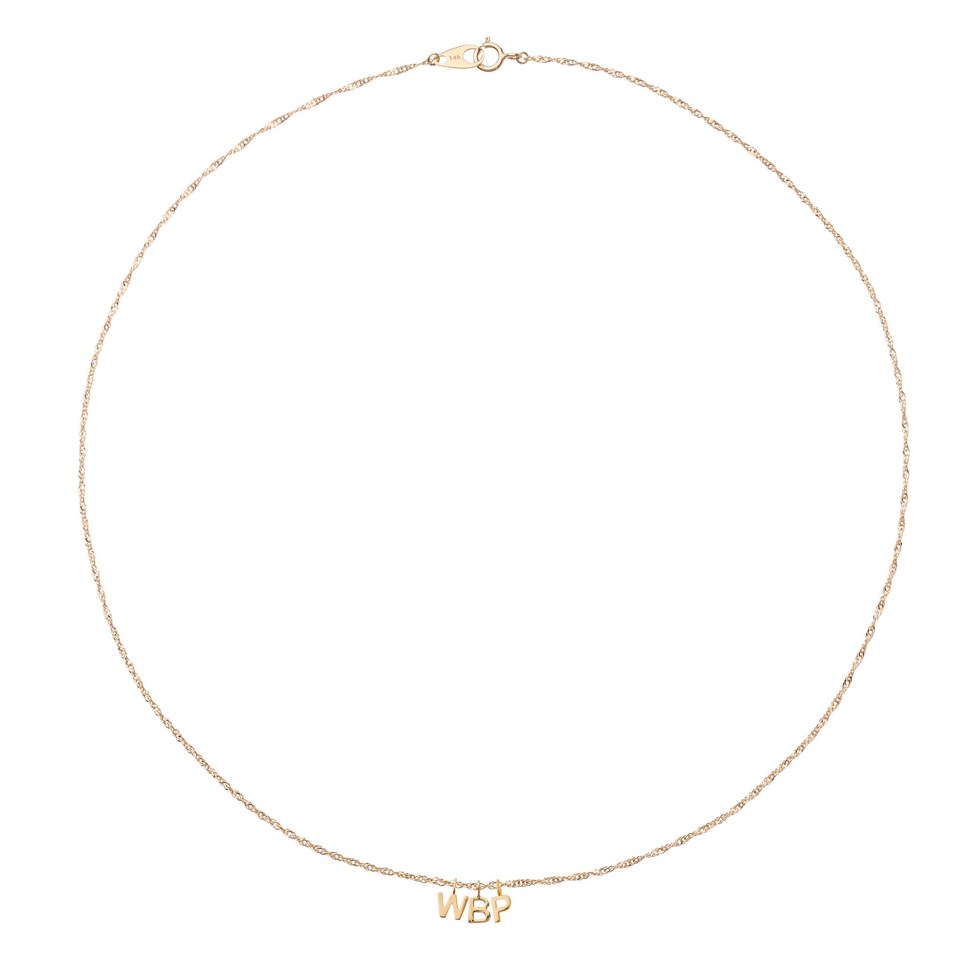 a gold necklace with "WBP" charms on a white background