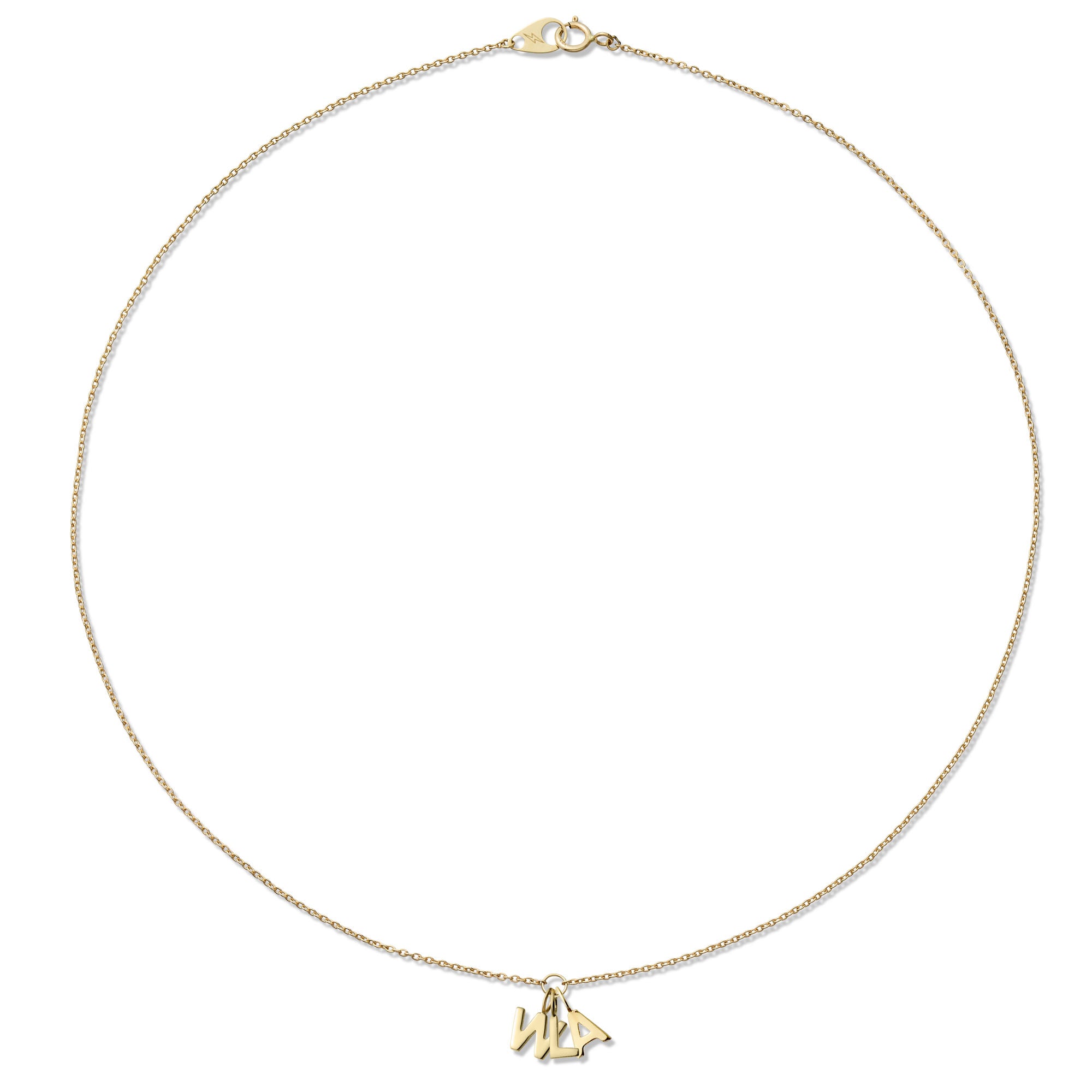 Gold necklace with three initial pendants on a white background