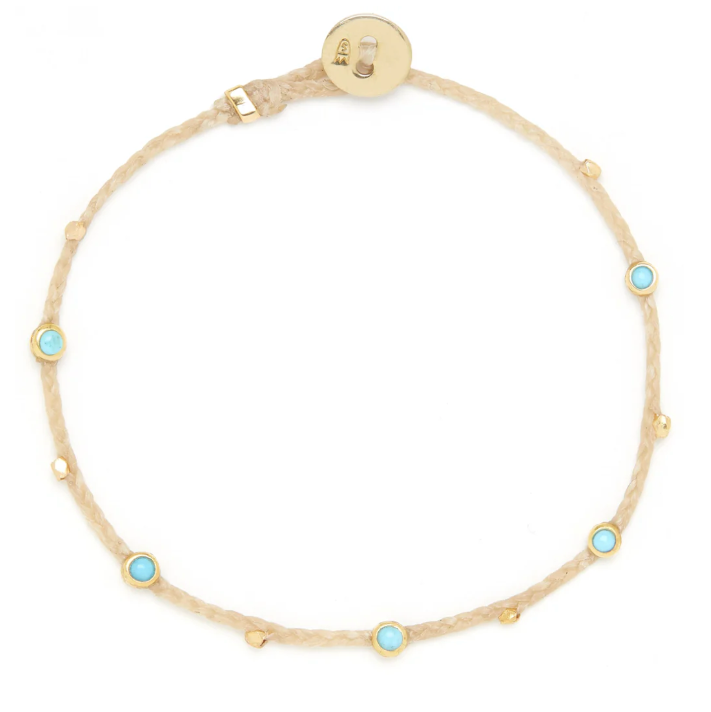 Gold Nylon bracelet with turquoise stones on a white background