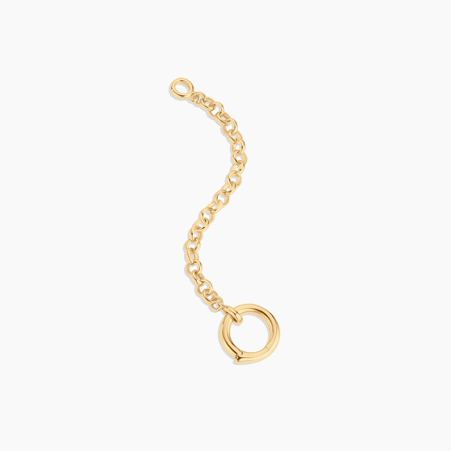  a gold rolo chain with a ring clasp attachment on a white background