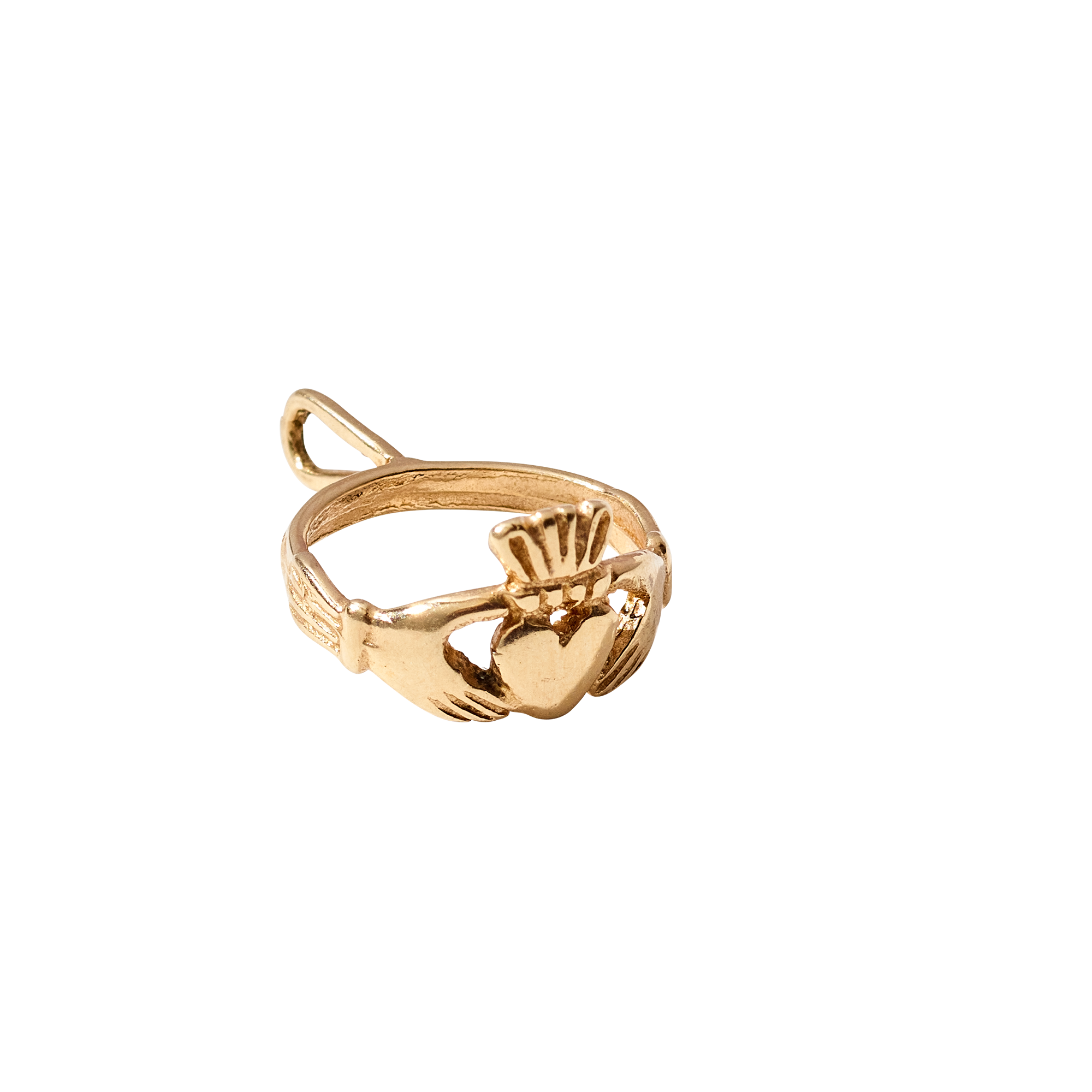 14k Gold claddagh ring charm on a white background