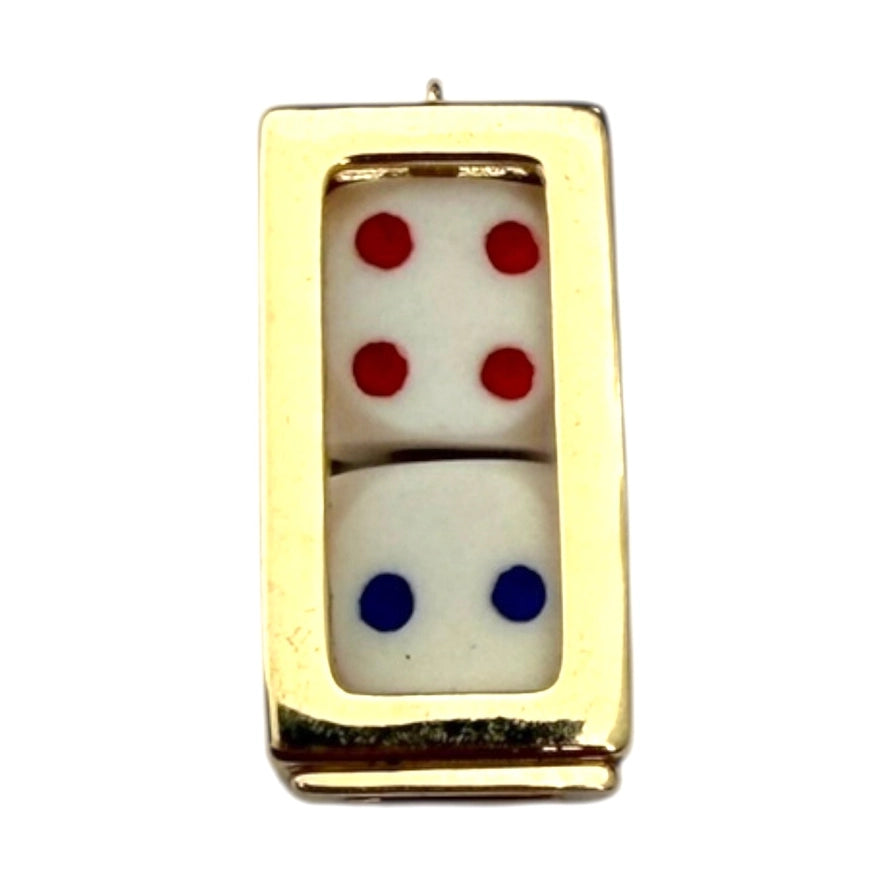 gold plated charm of dice in a cage with white, blue, and red accents on a white background
