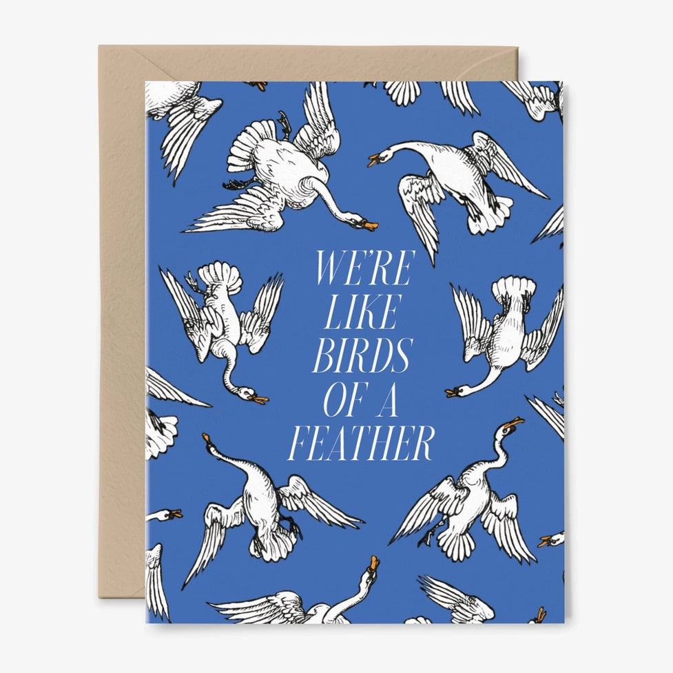 Greeting card with bird illustrations and text 'We're like birds of a feather' on a blue background.