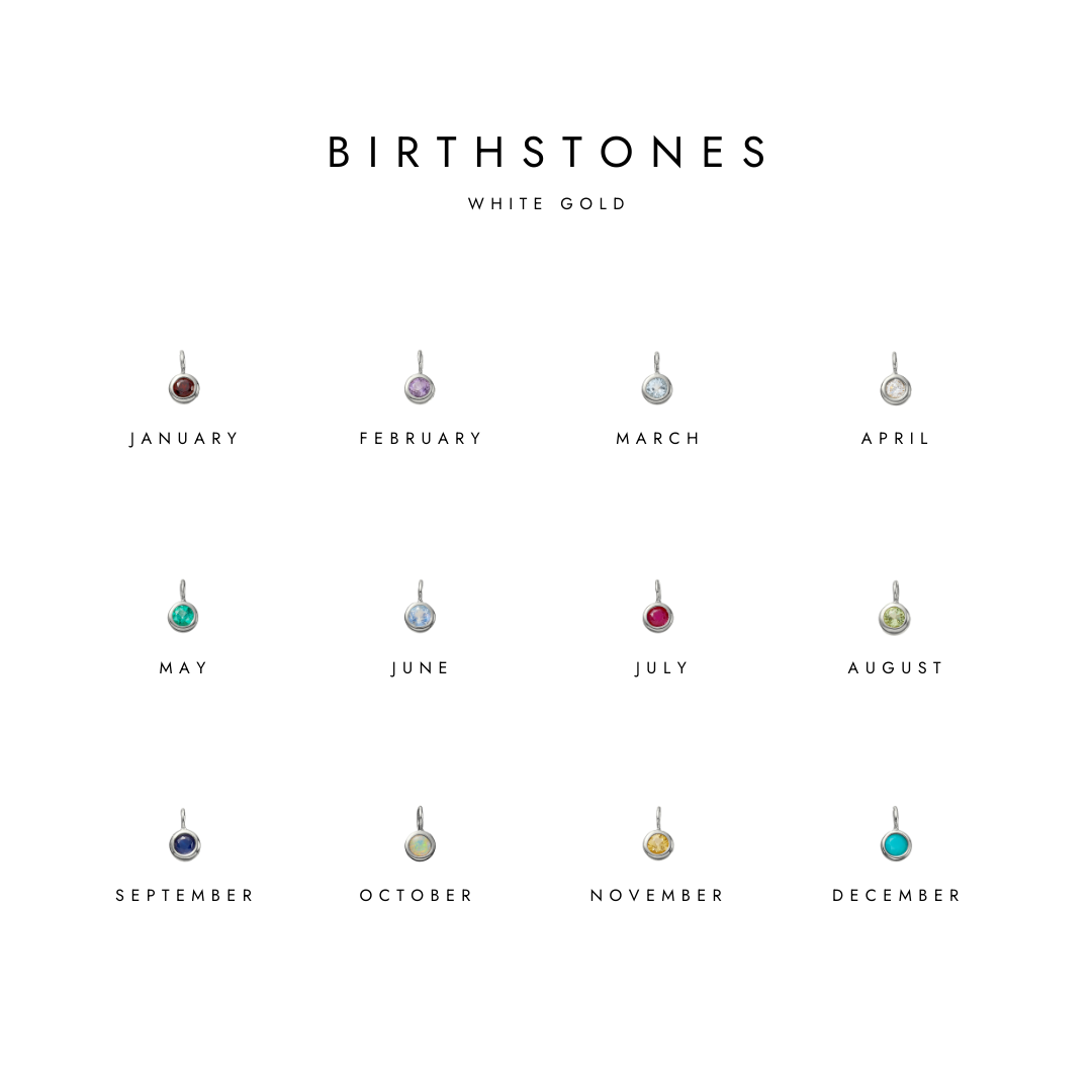 A collection of white gold birthstone Charms for each month, displayed in a grid format with the text 'BIRTHSTONES' above and the months of the year labeled next to each charm.