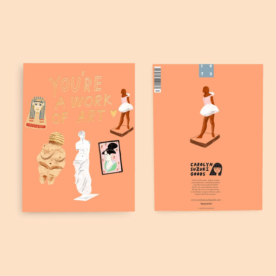 front and back of a greeting card with an orange background and illustrations of several notable works of art and text reading you're a work of art