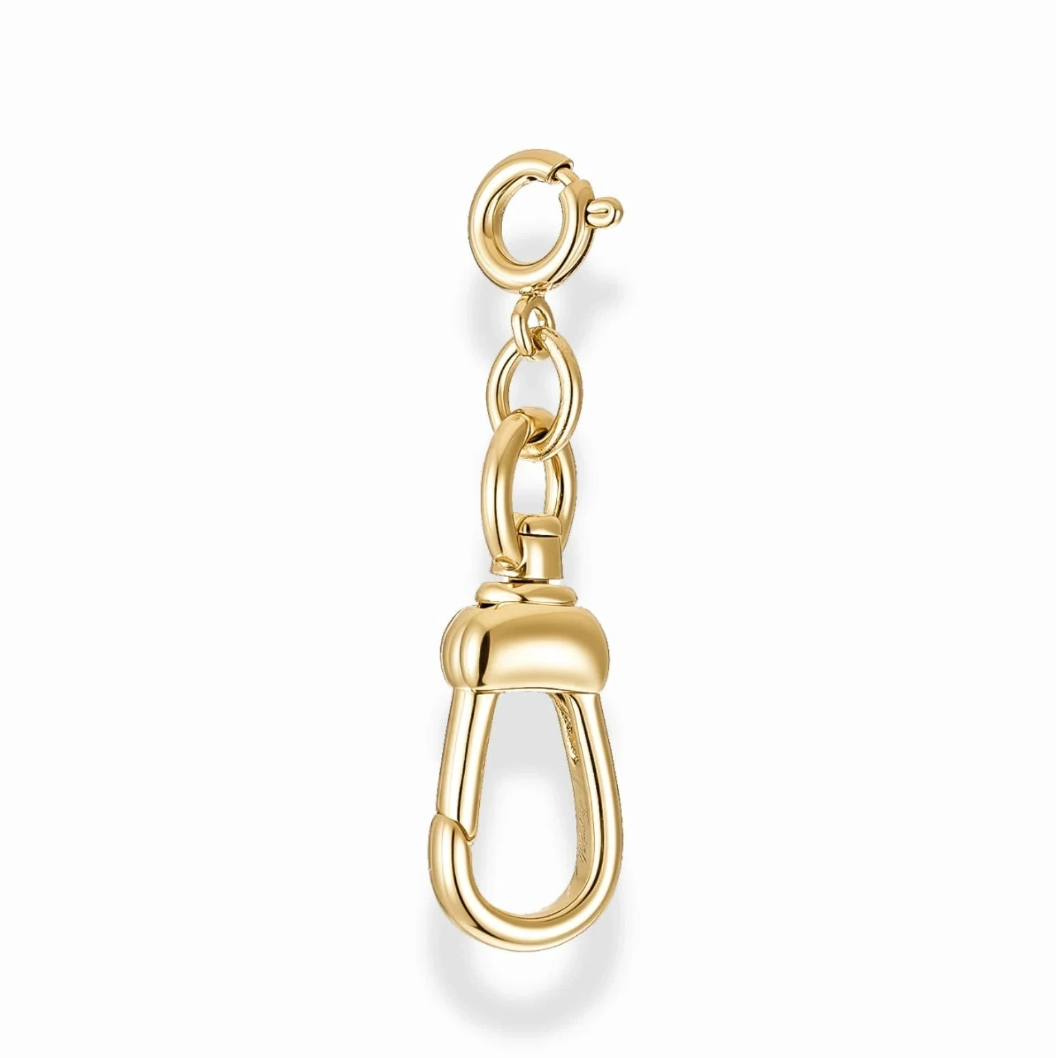 gold clasp charm on a short chain with a clasp on a white background