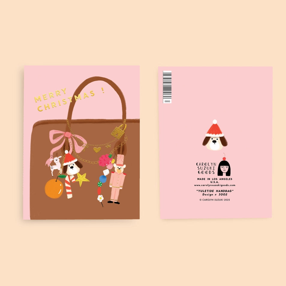 front and back of a greeting card with a pink background and an illustration of a brown handbag with a collection of colorful bag charms and text above reading merry christmas