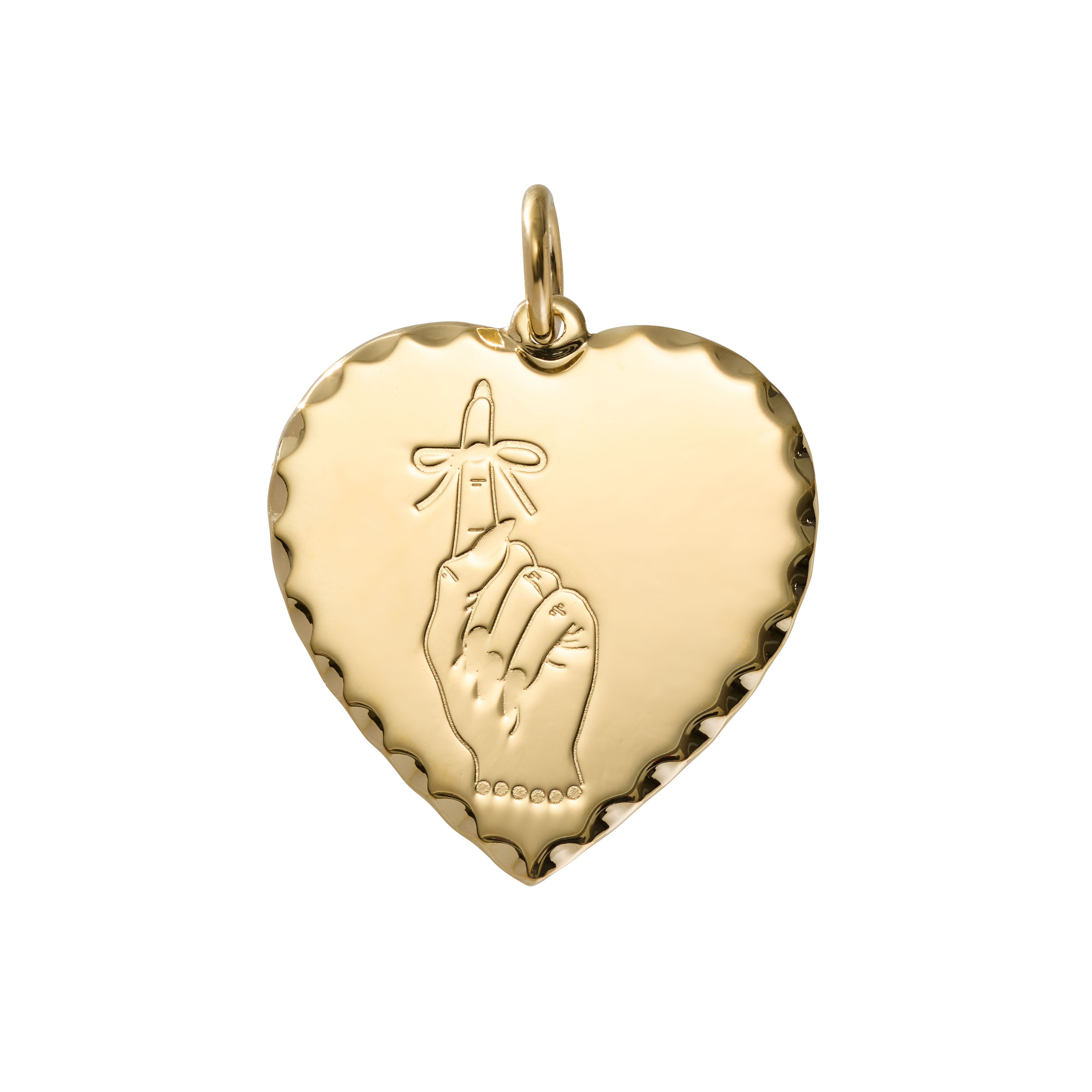 A gold heart-shaped pendant charm featuring a hand engraving a bow on its index finger, set against a plain white background.