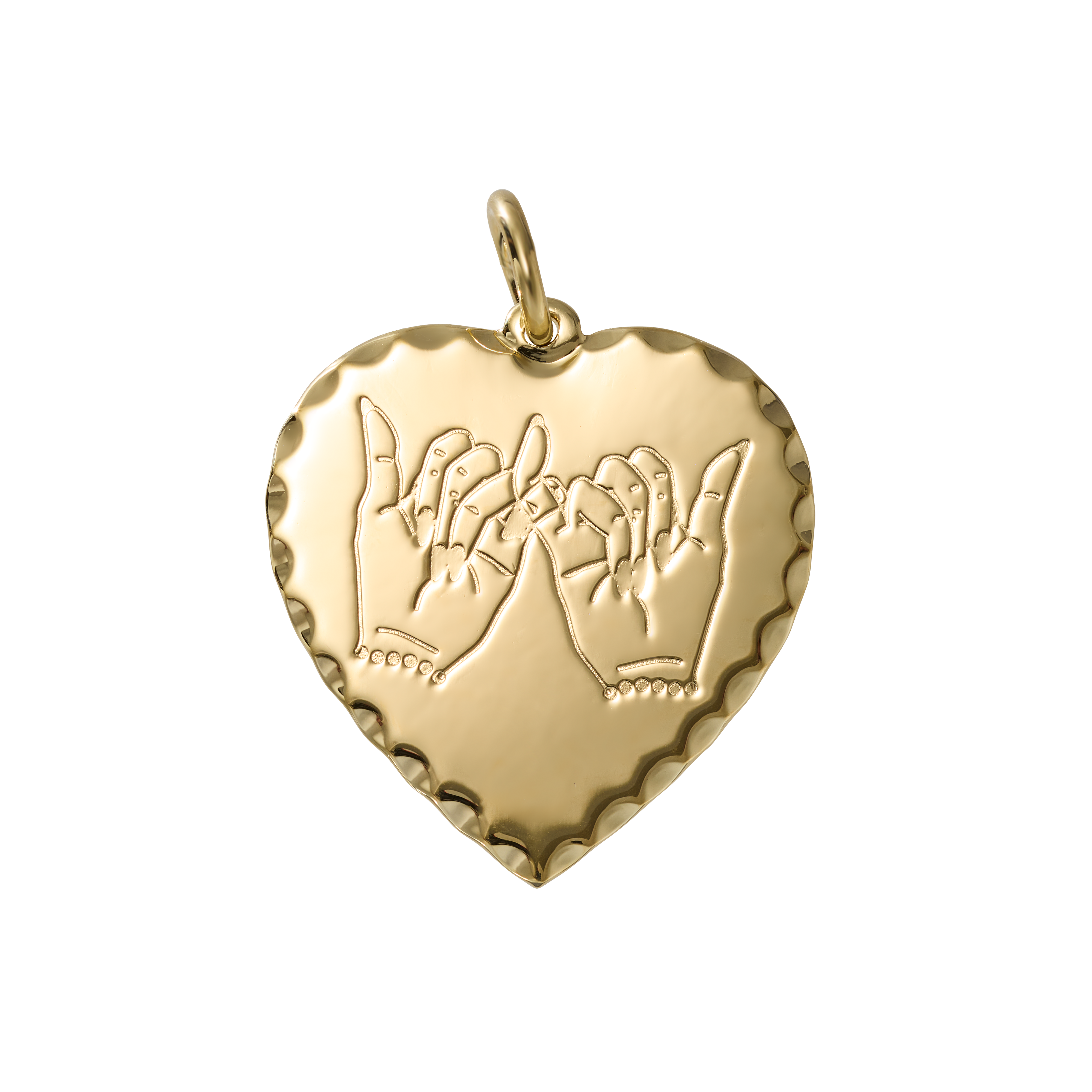 A polished gold heart-shaped pendant featuring an engraved design of two hands locking pinkies, set against a plain white background.