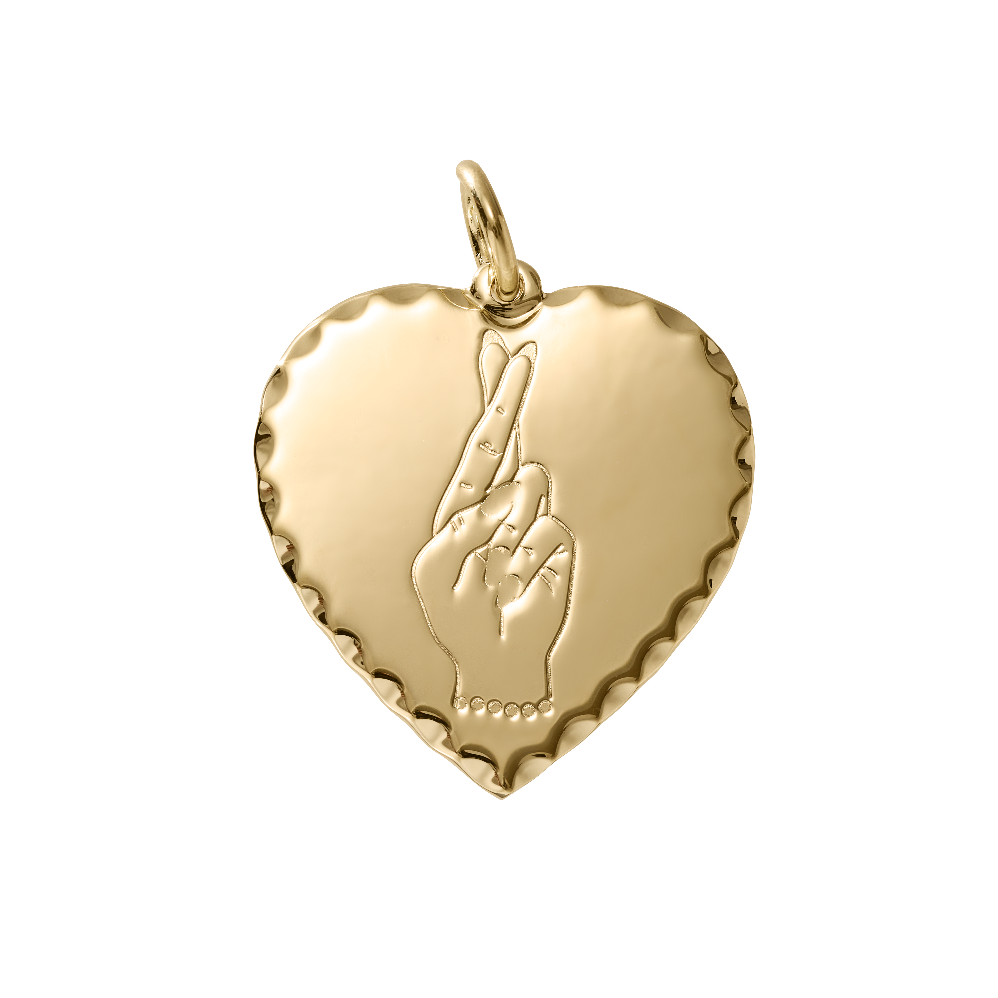 A gold heart-shaped pendant charm featuring an engraved hand gesture with two fingers raised, set against a plain white background.